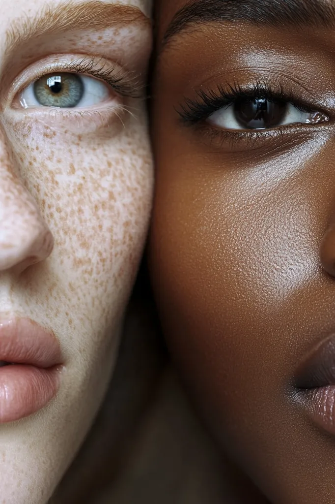 Close-up shot of two women's faces, juxtaposed.  One woman has fair skin with freckles, the other has rich, dark brown skin.  Their eyes meet at the center, showcasing contrasting textures and skin tones. The image emphasizes the beauty of diverse complexions and the shared human experience.  The focus is sharply on the eyes and surrounding skin.
