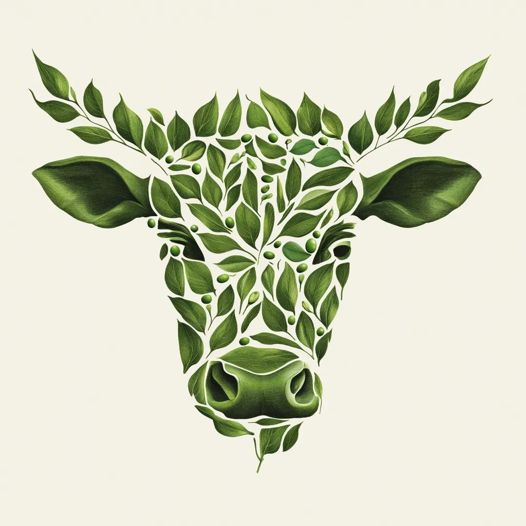 An illustration depicts a cow's head formed entirely from green leaves and berries.  The leaves are meticulously arranged to create the shape of the cow's face, ears, and horns, with the berries adding small details. The image suggests a connection between nature and livestock, possibly symbolizing sustainable or eco-friendly farming practices. The overall aesthetic is both artistic and evocative.
