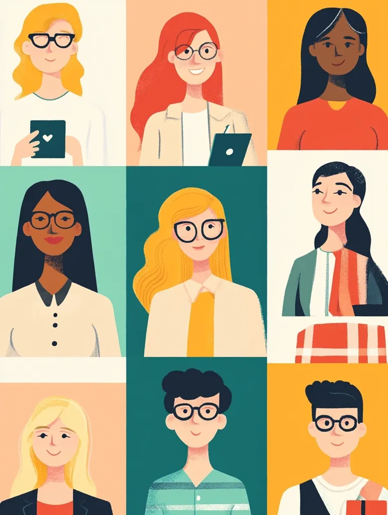 A vibrant illustration showcases nine diverse individuals, each with unique hairstyles and attire.  They wear glasses and are presented in a grid format against pastel-colored backgrounds. The style is modern and friendly, suggesting a team or group of professionals.  The illustrations emphasize individuality and inclusivity.
