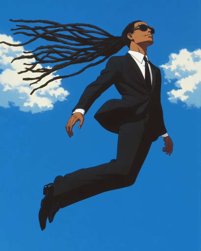 A stylized illustration depicts a man with long dreadlocks, wearing a dark suit and sunglasses, leaping through a bright blue sky dotted with fluffy white clouds.  His body is angled upward, his long hair streaming behind him.  The style is reminiscent of anime or graphic novel art, with bold outlines and flat coloring. The overall impression is one of dynamism and freedom.
