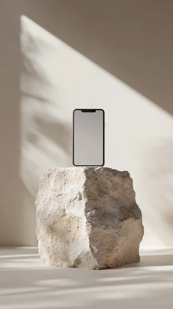 A smartphone with a blank screen rests atop a rough-hewn, light-beige stone.  The scene is minimalist, bathed in soft, natural light casting shadows on a neutral background. The overall aesthetic is clean, modern, and subtly evokes a sense of calm.  The contrast between the smooth phone and the textured stone is visually striking.