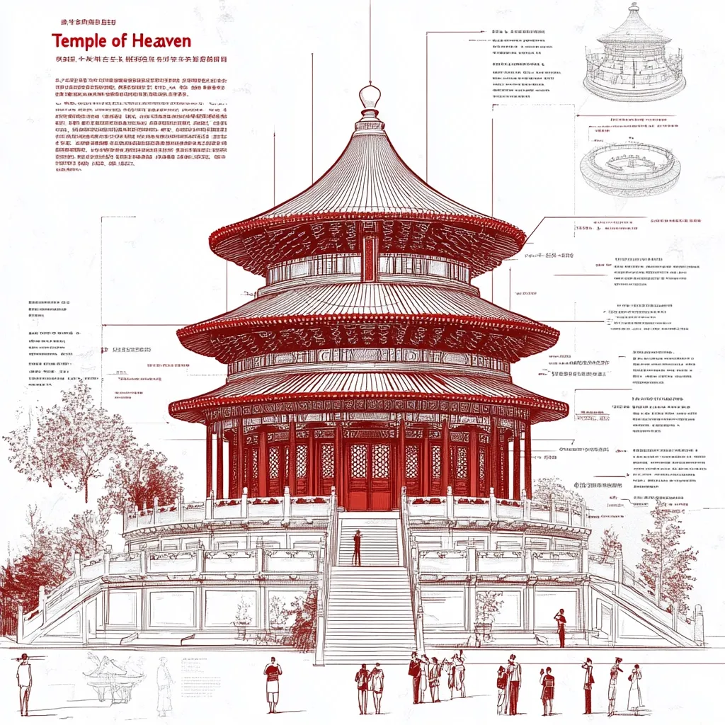 This detailed red-toned illustration depicts the Temple of Heaven in Beijing, China.  The drawing style combines architectural blueprints with a hand-drawn aesthetic, showing the building's tiered roof, intricate details, and surrounding landscape.  Small figures of people are included at the base, providing scale.  Surrounding text appears to be descriptive information in Chinese and English.