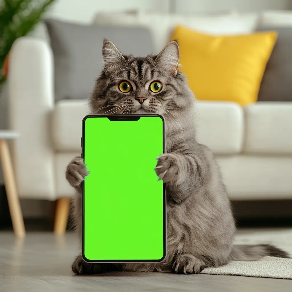 A fluffy gray cat sits on a floor, holding a smartphone with a bright green screen.  The cat's paws gently grasp the sides of the phone, its gaze directed at the viewer. The background is blurred but shows a living room with a sofa and pillows. The image is clearly staged, likely for advertising or promotional purposes.