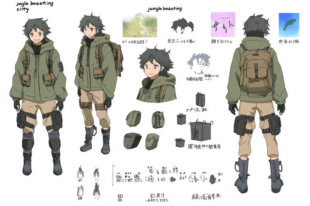 This anime character design sheet depicts a young male character in olive green tactical gear.  He wears a hooded jacket, cargo pants, knee pads, and boots, carrying a large backpack and smaller pouches.  Multiple views are shown, including front, back, and close-ups of his equipment.  The design includes concept sketches of the character's hair and environment, along with detailed depictions of his various bags and accessories.  The text is primarily Japanese.