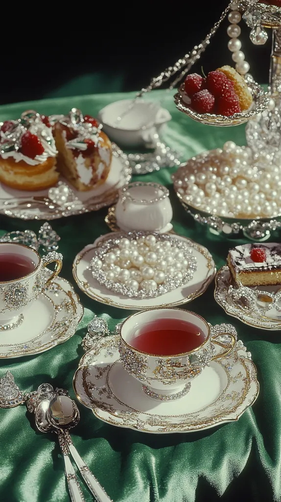A lavish tea party scene is set on a green silk tablecloth.  Ornate teacups and saucers, adorned with crystals, hold tea.  Delicious pastries, including a strawberry-topped cake and cream puffs, are arranged alongside bowls overflowing with pearls.  A tiered serving stand holds more pastries and raspberries. The overall aesthetic is opulent and decadent.