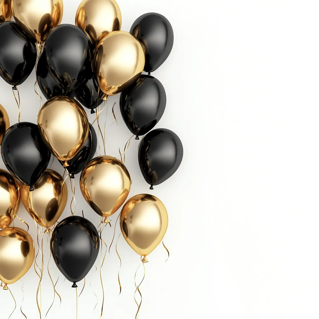 A cluster of shiny gold and black balloons floats against a white background.  The balloons are arranged in a casual, overlapping pattern, with their ribbons trailing downwards.  The contrast between the dark and light colors creates a visually striking image, suggesting celebration or festivity.  The empty space to the right provides room for text or other design elements.
