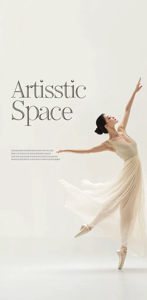 A ballerina, poised in mid-air, gracefully extends her arms and legs.  She wears a flowing, light beige gown and pointe shoes. The background is a simple white, emphasizing the dancer's elegance and the title "Artistic Space" elegantly displayed above.  The overall image conveys a sense of lightness, artistry, and movement.