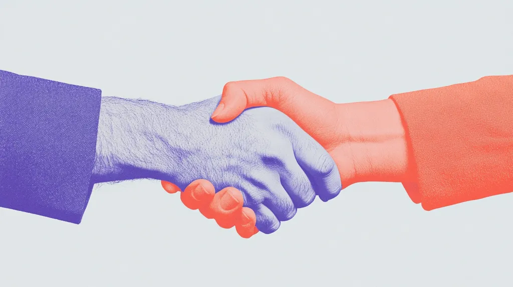 A close-up shot depicts two hands clasped in a handshake. One hand is rendered in shades of purple, the other in coral.  The image is stylized, with a slightly grainy texture and a muted color palette, suggesting a conceptual or artistic approach to the representation of agreement or partnership. The background is a pale, neutral tone.