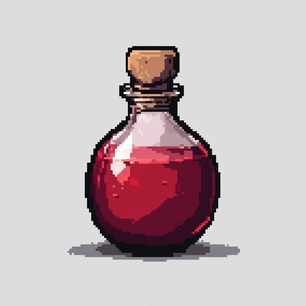 A pixel art illustration depicts a round glass bottle with a cork stopper.  The bottle is filled with a vibrant, dark red liquid, suggesting a potion or elixir.  The style is reminiscent of classic video game graphics, with a simple yet effective representation of a magical or alchemical item. The bottle casts a subtle shadow on a light gray background.