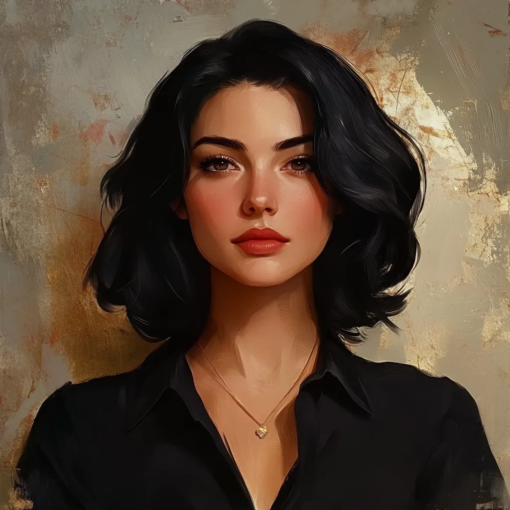A digital painting of a woman with dark, shoulder-length hair. She has a fair complexion, dark eyes, and full lips. She's wearing a simple black collared shirt and a gold necklace with a small heart pendant. The background is a textured, muted beige. The style is realistic with a painterly feel.  The overall impression is one of elegance and quiet beauty.