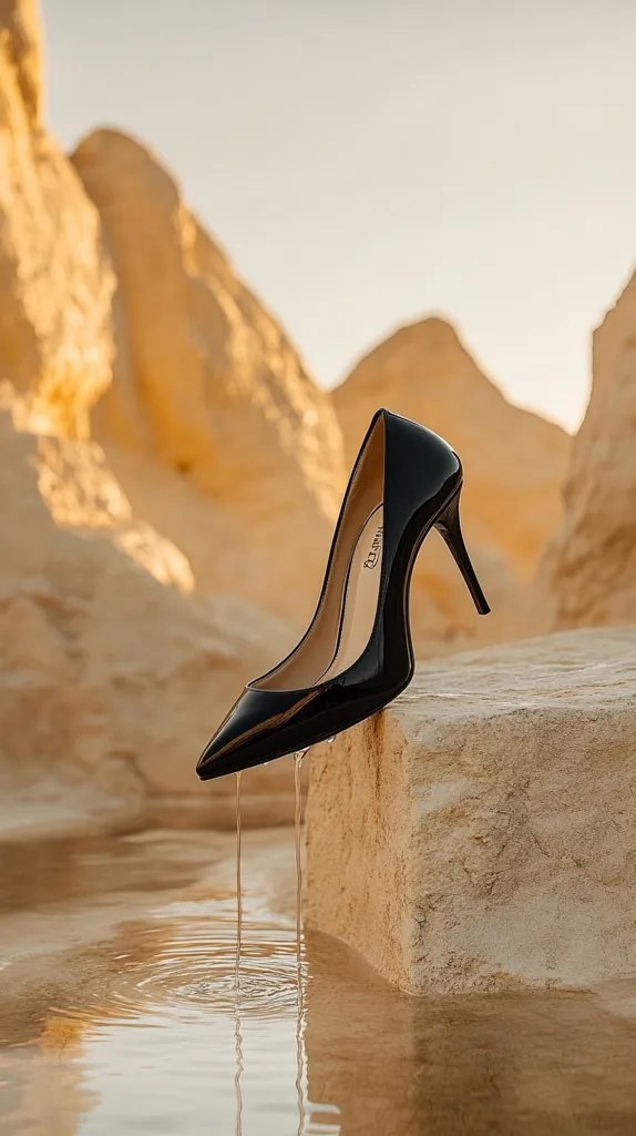 A black, patent leather high-heeled pump rests on a light beige rock formation, its pointed toe dripping into a small pool of clear water.  The background features a sunlit, textured landscape of pale yellow and beige rock formations, creating a striking contrast with the sleek, dark shoe.  The scene evokes a sense of elegance and unexpected juxtaposition.
