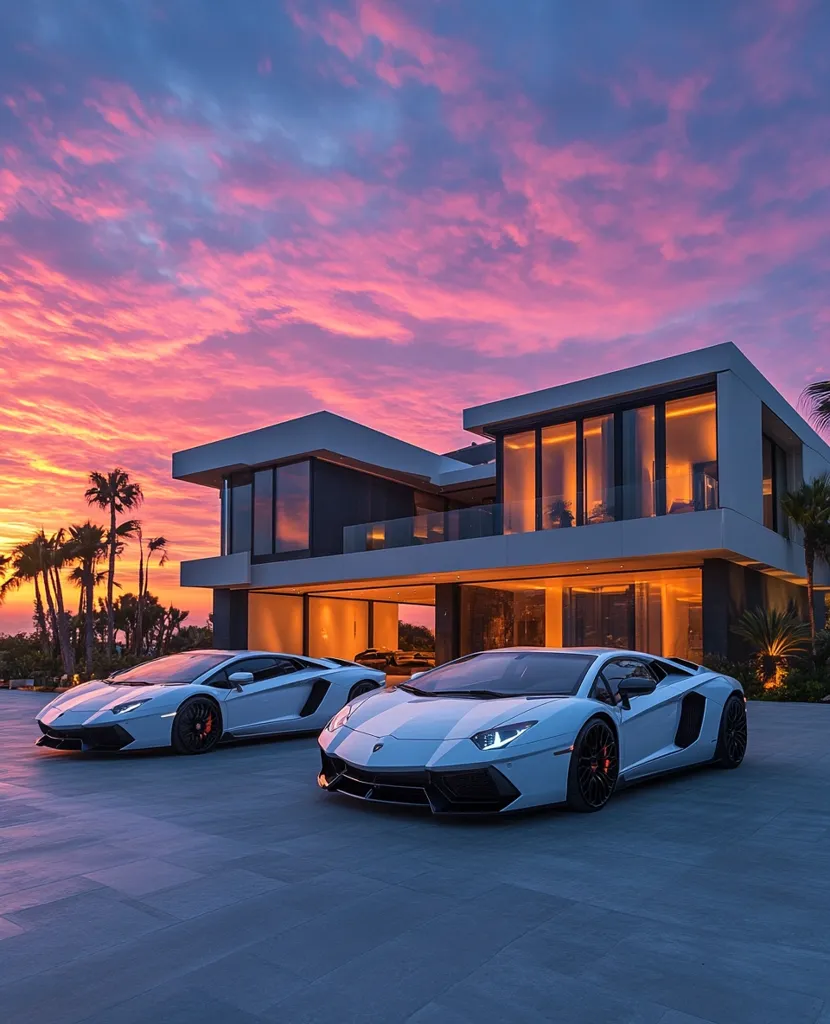 A stunning modern mansion is illuminated at sunset, its sleek architecture highlighted against a vibrant pink and orange sky. Two pristine white Lamborghinis are parked in the driveway, adding to the luxurious ambiance. Palm trees frame the scene, creating a picturesque backdrop of wealth and sophistication. The overall image exudes opulence and tranquility.