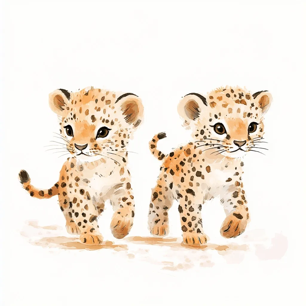 Two adorable leopard cubs are depicted in a watercolor painting.  They are light orange with dark brown spots, and their expressions are sweet and innocent.  The cubs are walking side-by-side, their small bodies and playful tails captured in delicate detail against a clean, white background. The style is charming and whimsical, ideal for children's artwork or decor.