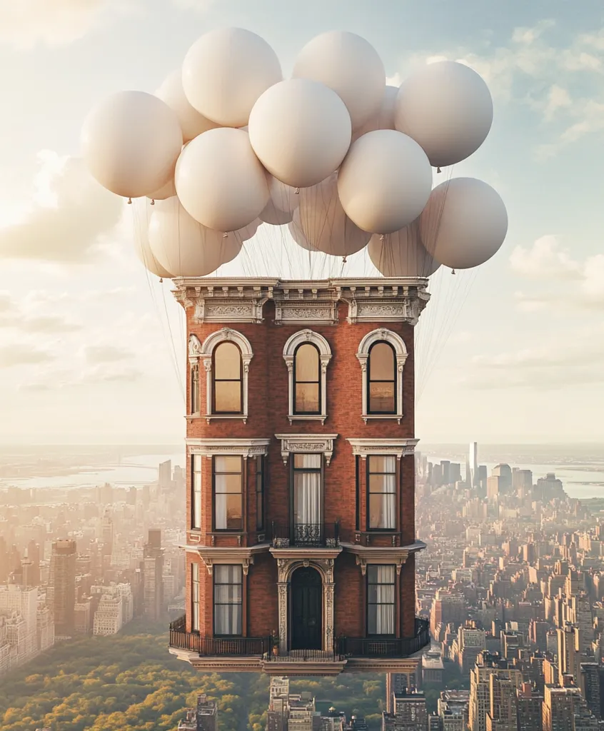 A charming, brick townhouse floats serenely above a sprawling cityscape, buoyed by a cluster of large, white balloons.  The building, with its elegant architecture and numerous windows, appears to be lifted from the city below, creating a whimsical and surreal scene.  The sun casts a warm glow on the scene, enhancing the dreamlike quality of the image.