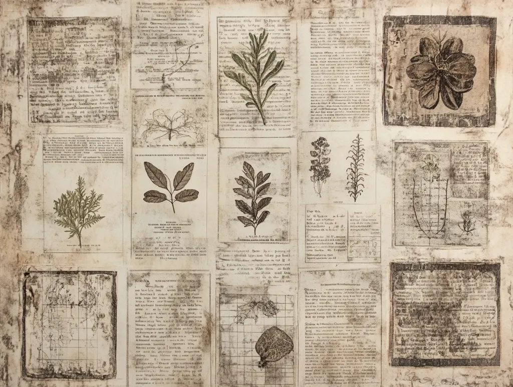A collage of botanical illustrations and antique text fragments.  The aged, parchment-like background features various plant drawings, including leaves, flowers, and herbs, interspersed with snippets of what appears to be old, possibly scientific, writings.  The overall style evokes a vintage, scholarly, or herbarium aesthetic.  The muted tones of brown and beige contribute to its antique feel.