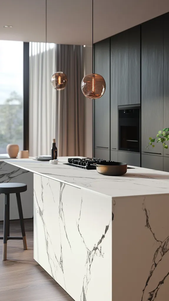 A modern kitchen features a large island with a white marble countertop. Two amber glass pendant lights hang above the island, which is equipped with a built-in cooktop.  Dark wood cabinetry provides a sophisticated backdrop, and a large window offers ample natural light. The overall design is sleek and minimalist.