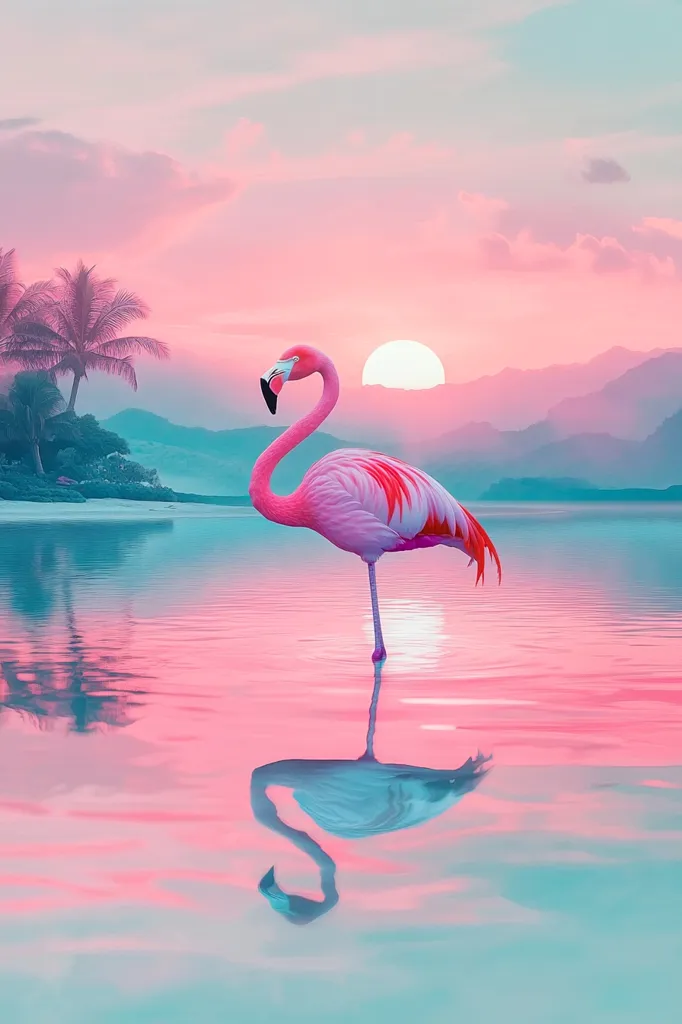 A vibrant pink flamingo stands in tranquil, shallow water, its reflection mirroring the serene sunset.  Palm trees line a distant shore, silhouetted against a pastel sky where a setting sun glows softly. The overall scene is peaceful and idyllic, with a dreamy, almost surreal quality to the colors.