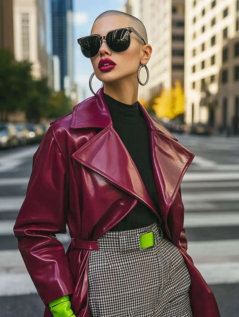 A bald woman with bold sunglasses and large hoop earrings wears a burgundy leather trench coat over a black turtleneck and black and white checkered pants.  A bright green belt adds a pop of color to her stylish city look.  The background features a blurred cityscape.