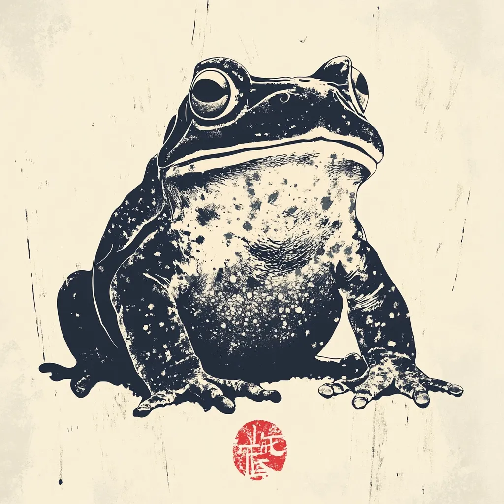 A stylized illustration of a large toad, rendered in shades of dark blue and beige against an off-white background. The toad is depicted in a slightly upward-looking pose, its textured skin detailed with small speckles. The artwork has a grunge aesthetic, suggestive of woodblock printing. A red Japanese-style seal is positioned beneath the toad, adding to its artistic and cultural resonance.