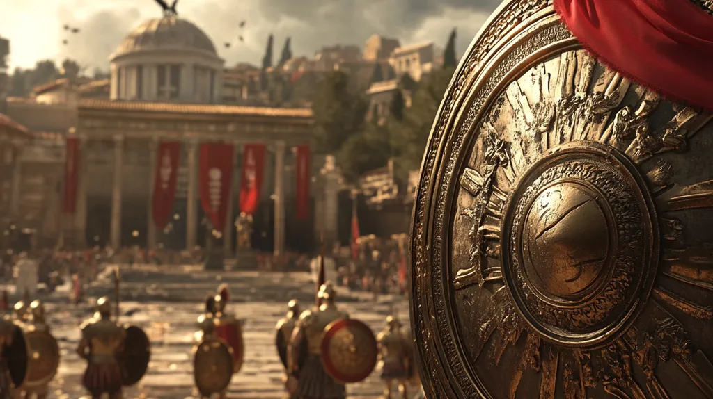 A large, intricately decorated bronze shield dominates the foreground, a red drape partially obscuring it.  The background shows a Roman-style public square, bustling with activity.  Roman soldiers in armor march, their shields glinting in the sunlight.  A grand temple-like structure forms a backdrop to the scene, conveying a sense of epic scale and ancient power.