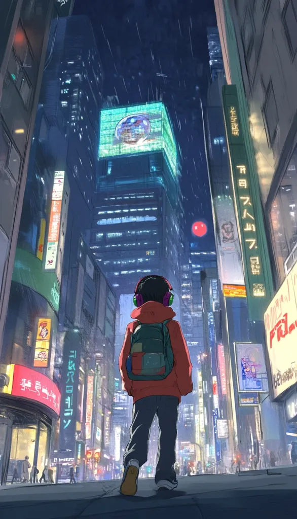 A lone figure, wearing headphones and a backpack, walks down a rain-swept city street at night.  Tall buildings with vibrant neon signs line the street, creating a futuristic and atmospheric scene. The overall style is reminiscent of anime, with a focus on the solitary individual amidst the bustling urban environment.  The rain adds a melancholic touch to the image.