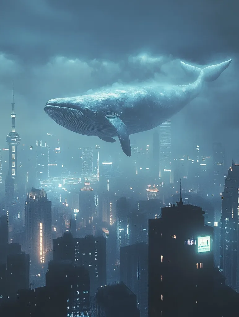 A colossal whale, seemingly made of clouds, floats above a futuristic cityscape shrouded in mist.  The city's skyscrapers are dimly lit, creating a contrasting dark silhouette against the pale whale and cloudy sky.  The overall atmosphere is surreal and dreamlike, hinting at a fantastical blend of nature and urban environments.  The image evokes a sense of wonder and quiet awe.