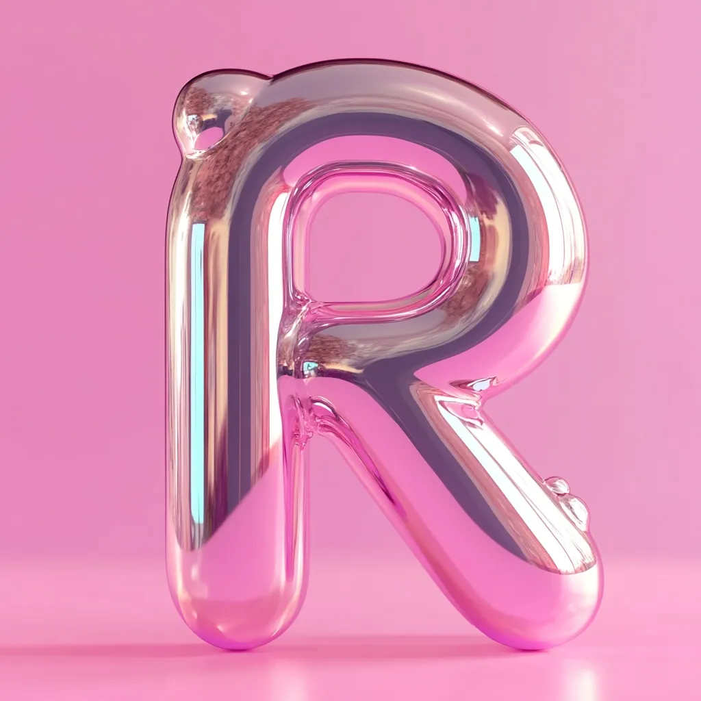 A shiny, rose-gold balloon letter "R" stands against a pale pink background.  The balloon is highly reflective, showing subtle highlights and reflections.  The three-dimensional letter is plump and glossy, giving it a playful, celebratory appearance.  The overall aesthetic is modern and minimalist.