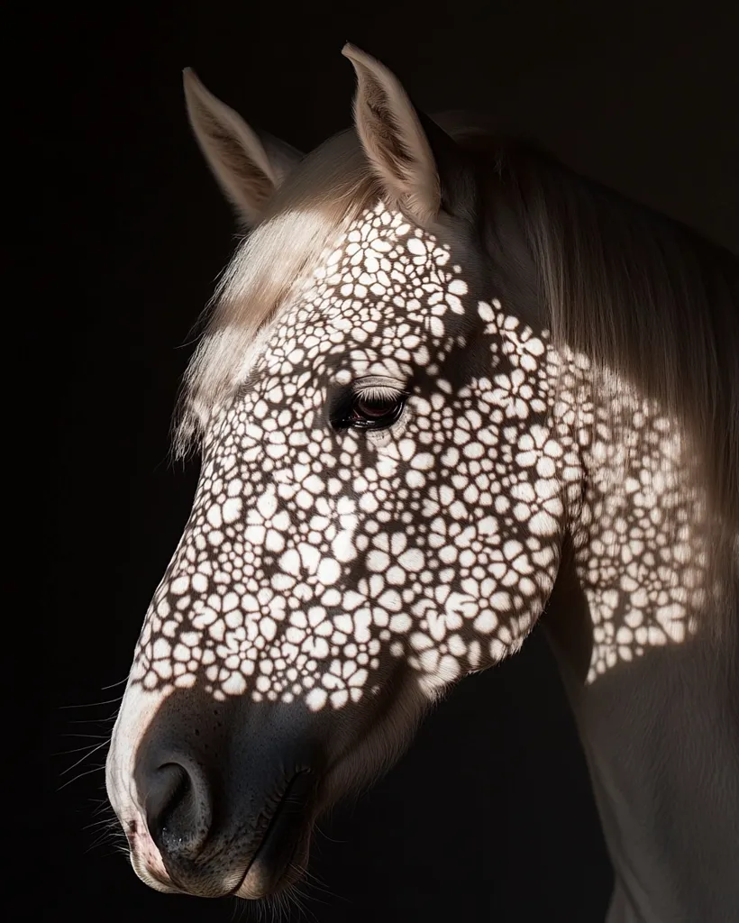 A light-colored horse's head and neck are partially illuminated, creating a floral shadow pattern on its face. The intricate design is cast by an unseen object, likely a screen or stencil, between the sun and the horse. The dark background emphasizes the contrast between the light and shadow, making the floral pattern the focal point of the image. The horse appears calm and serene.