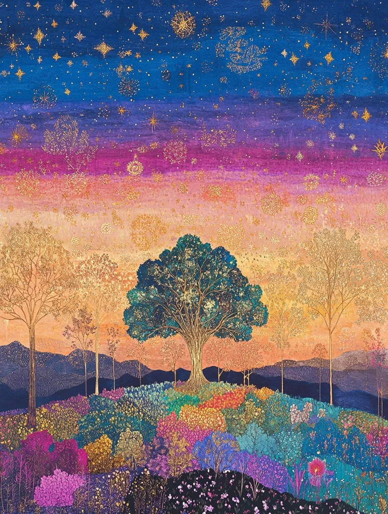 A vibrant landscape painting features a large, dark green tree at the center, surrounded by a colorful meadow bursting with diverse flowers.  The background showcases a breathtaking sunset with a gradient of oranges, pinks, and purples, overlaid with a glittering starry night sky.  Silhouetted trees frame the meadow, adding depth to this magical, dreamlike scene. Gold accents throughout enhance the overall luminosity and mystical quality.