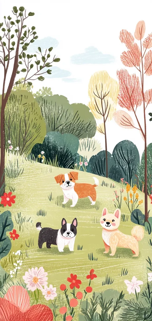 Three adorable dogs frolic in a vibrant meadow. A brown and white dog stands near a black and white French bulldog, and a fluffy tan dog sits nearby.  Lush green grass dotted with colorful wildflowers surrounds them.  The background features a charming landscape of stylized trees and a soft, light sky. The overall style is whimsical and charming.