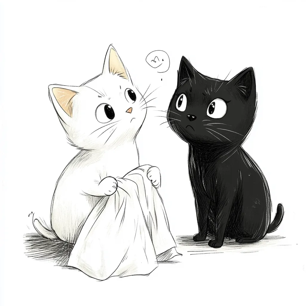 A charming illustration depicts a white kitten clutching a cloth, appearing shy and apprehensive, while a black kitten sits nearby with a curious expression.  The contrast in their fur and the kitten's posture create a captivating scene, possibly hinting at a playful interaction or a moment of shared curiosity. The style is soft and whimsical.