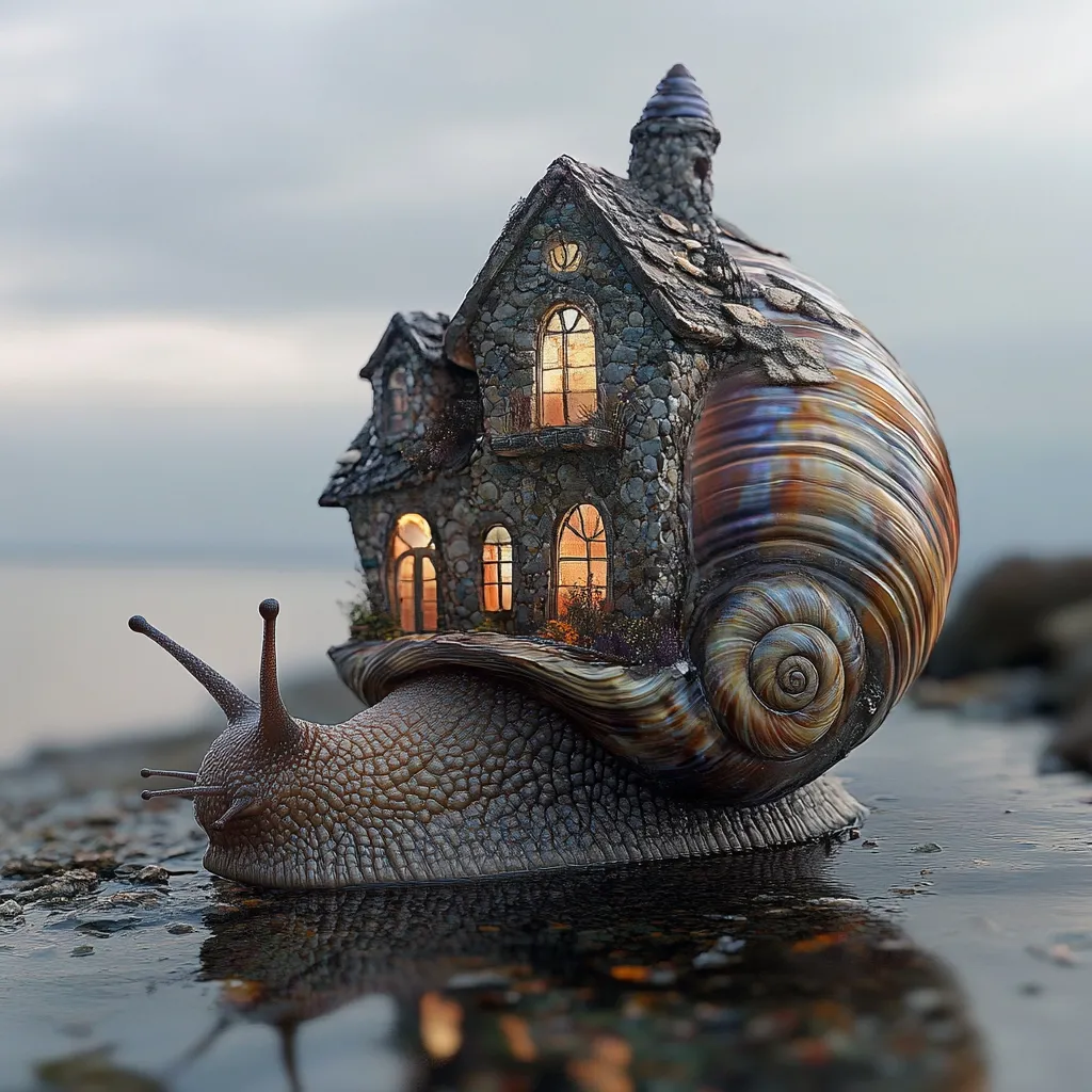 A giant snail carries a miniature stone house on its shell.  The house is illuminated from within, casting a warm glow. The snail is situated on a dark, wet shoreline, its reflection visible in the water. The scene is surreal and evokes a sense of whimsical fantasy. The sky is overcast, adding to the moody atmosphere.