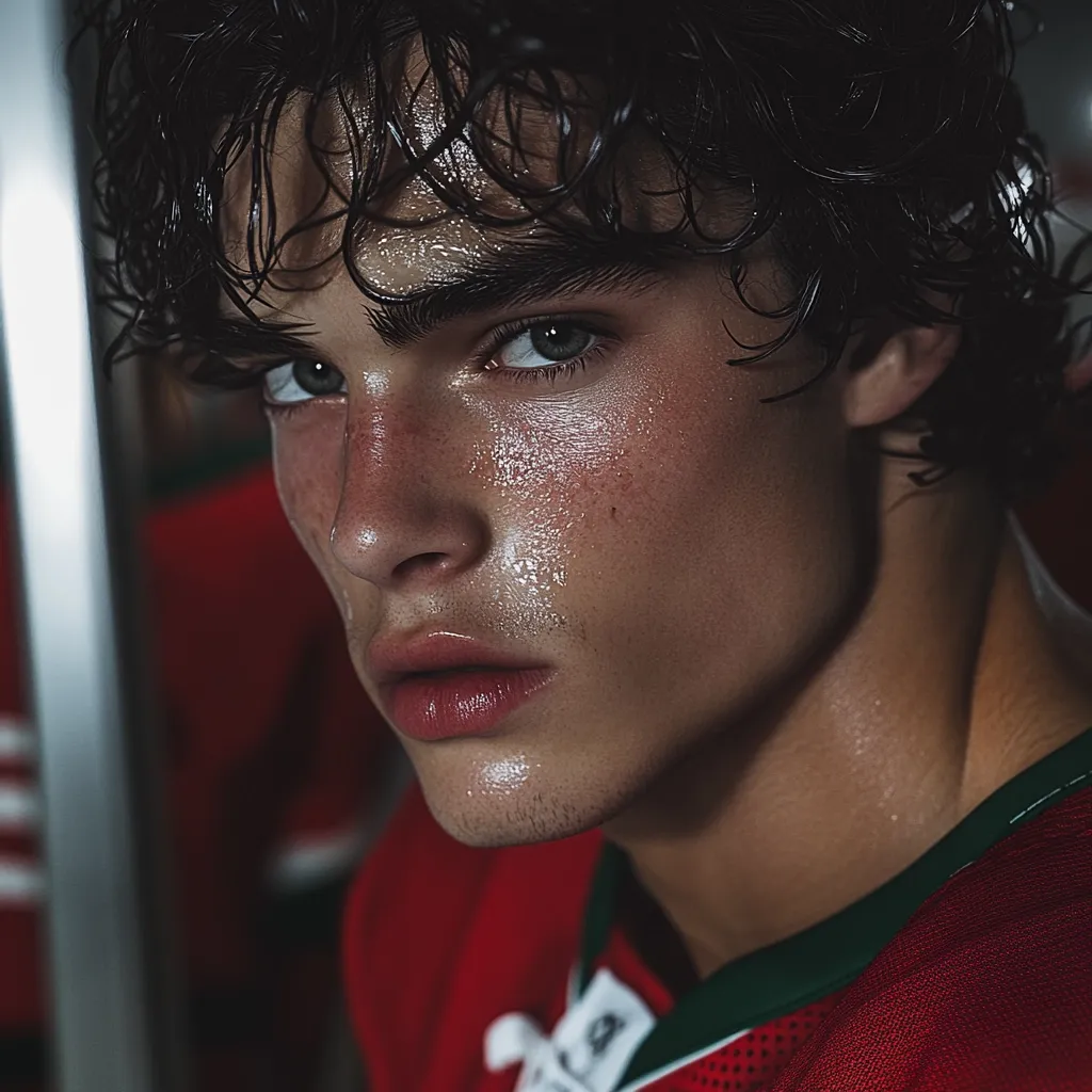 A close-up portrait of a young man with dark, curly hair, glistening with sweat.  His face is close to the camera, revealing freckles and intense, light-colored eyes. He's wearing a red and green sports jersey, suggesting athletic activity.  The image has a moody, dramatic lighting, emphasizing his features and the dampness of his skin.