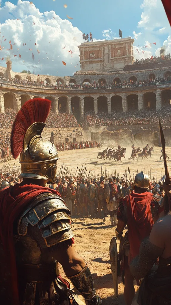A Roman legionnaire, clad in ornate armor and a crimson plume, stands in a packed arena.  Cavalry charges across the sand, a spectacle witnessed by thousands of spectators filling the tiered seating.  The scene is bathed in sunlight, petals falling from the sky, creating an epic atmosphere reminiscent of a gladiatorial contest or triumphal procession.  The grandeur of the Roman Empire is powerfully depicted.