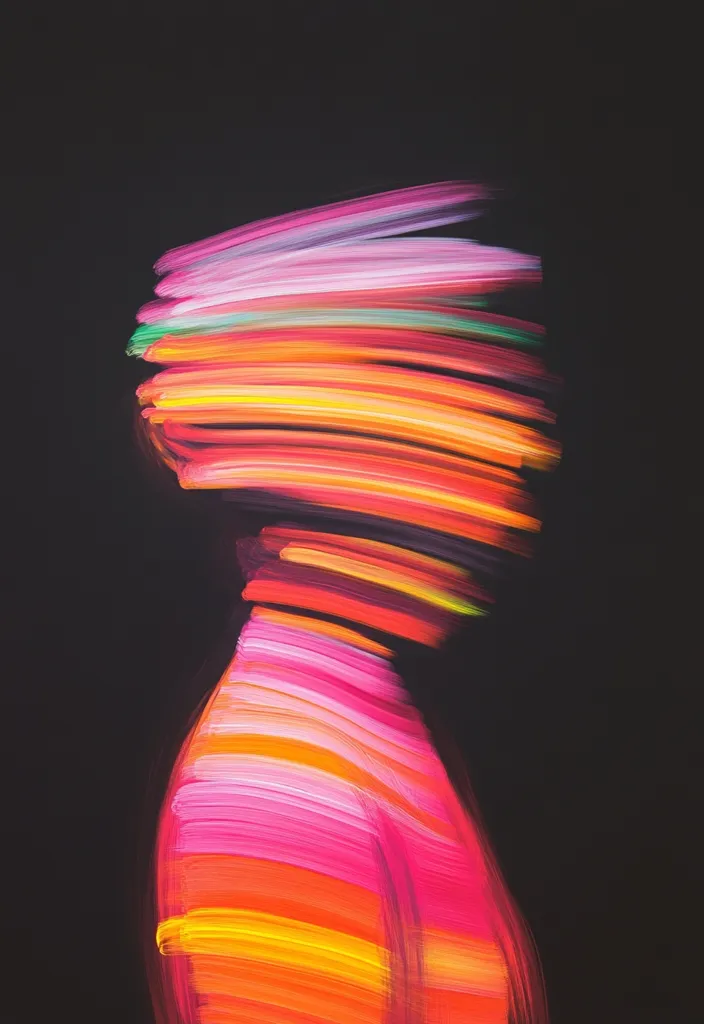 An abstract painting depicts a stylized female figure against a black background.  The figure is rendered in vibrant horizontal streaks of pink, orange, yellow, and green, creating a sense of motion and energy. The brushstrokes are thick and expressive, obscuring facial features and leaving the form somewhat ambiguous. The overall effect is one of dynamic movement and vivid color.