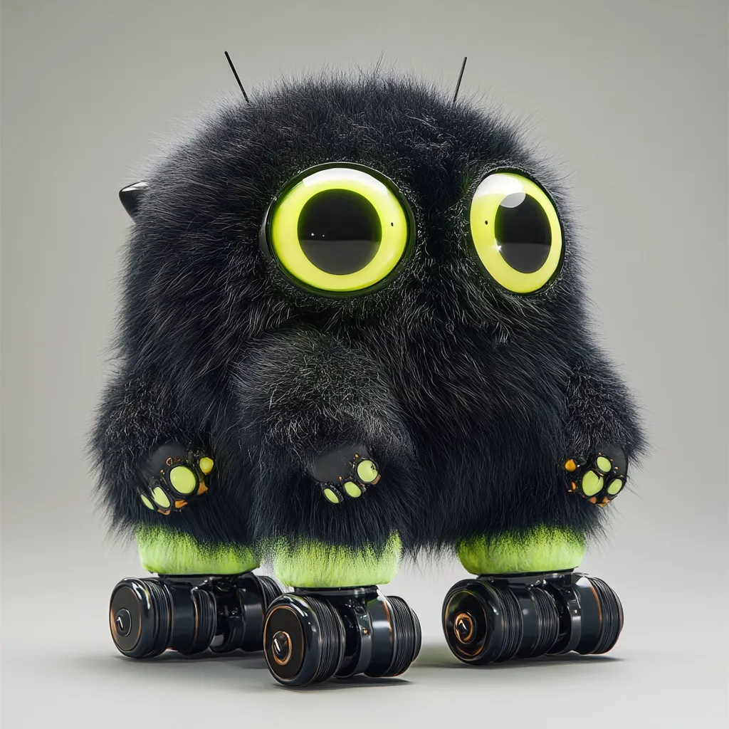 A fluffy, black creature with large, glowing green eyes is depicted.  It has small, clawed paws and is perched on four black wheels, resembling a miniature, furry roller-skating robot. Its dark fur contrasts with the bright lime green accents on its legs and wheels, giving it a playful, slightly futuristic look.  The creature's expression is innocent and curious.