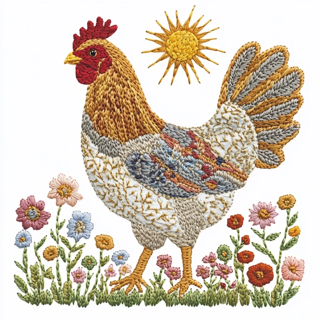 A meticulously embroidered hen stands proudly amidst a field of colorful wildflowers.  The hen's plumage is depicted in intricate detail, showcasing a variety of colors and textures through the embroidery.  A stylized sun shines above, completing the charming and vibrant scene. The artwork is a testament to the artist's skill in needlework.