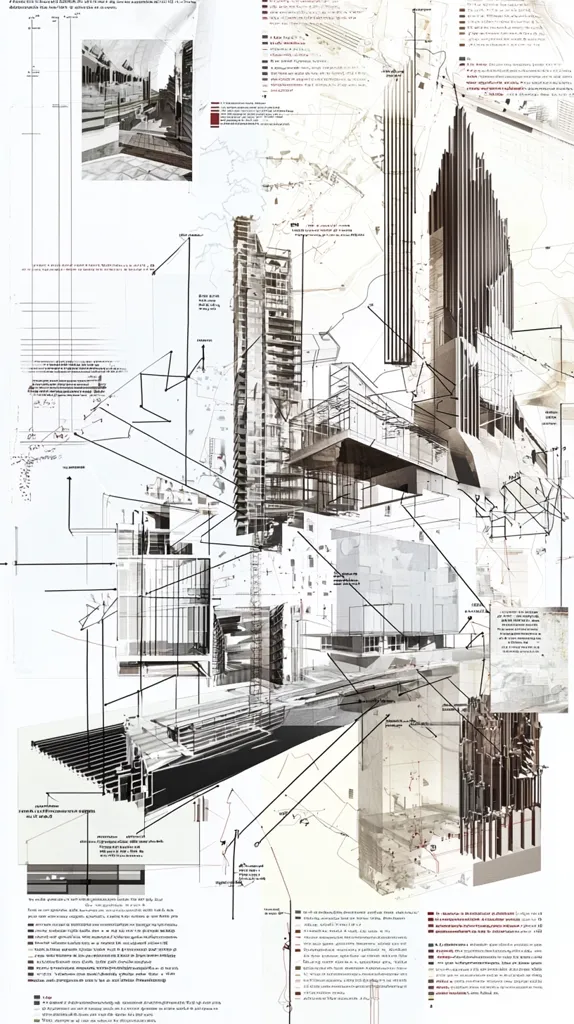 This architectural collage presents a complex design concept.  Multiple building sections, elevations, and site plans are interwoven with sketches and annotations.  A high-rise building is central, surrounded by smaller structures and infrastructural details.  The style is a layered, almost chaotic juxtaposition of grayscale images and lines, suggesting a dynamic and multifaceted design process.  Extensive notes in multiple languages further illuminate the complexities of the proposed project.