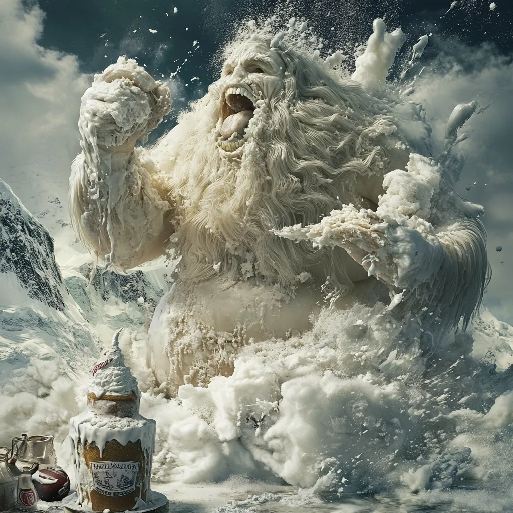 A colossal, snow-covered creature, resembling a Yeti or Abominable Snowman, roars amidst a blizzard.  Its fur is sculpted from snow and ice, and it fiercely clutches a clump of the frozen substance.  A small, iced cake sits in the foreground, seemingly insignificant compared to the monstrous figure, suggesting a juxtaposition of scale and power. The overall scene is dramatic and surreal, evoking a sense of icy wilderness and raw power.