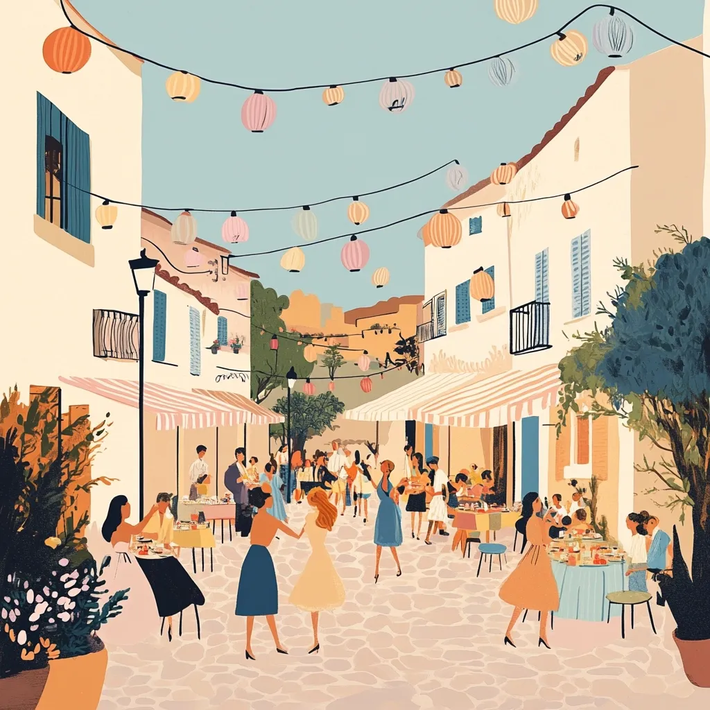 A charming street scene unfolds, bathed in the warm glow of hanging paper lanterns.  Whitewashed buildings with striped awnings line the cobbled street, where people gather at outdoor tables, enjoying a festive atmosphere.  Women in summer dresses dance joyfully in the center, creating a vibrant and cheerful summer celebration. Lush greenery and flowering plants add to the idyllic ambiance.