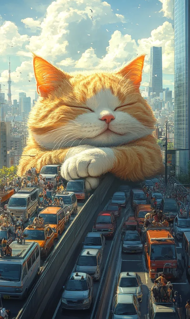 A giant, orange tabby cat rests peacefully atop a city overpass, its massive form dwarfing the bustling traffic below.  Cars and people are dwarfed by the cat's immense size, creating a surreal juxtaposition of urban life and feline tranquility.  The city skyline, featuring modern skyscrapers and the Tokyo Tower, forms a vibrant backdrop to this whimsical scene.  The cat's contented expression adds to the image's dreamlike quality.