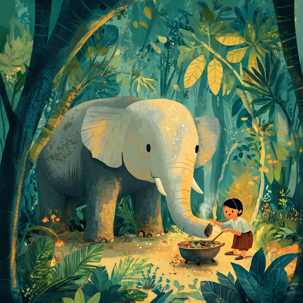 A whimsical illustration depicts a gentle giant, an elephant, in a lush jungle setting.  A small child, with dark hair, stirs a pot of food positioned near the elephant's trunk.  The scene is vibrant with rich greens and yellows, suggesting a warm, inviting atmosphere.  The elephant appears friendly and curious, creating a heartwarming portrayal of human-animal companionship within a mystical forest environment.