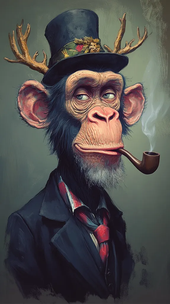 A whimsical portrait of a chimpanzee, dressed in a dark suit and top hat adorned with antlers.  The chimp nonchalantly smokes a pipe, exuding a sophisticated and slightly mischievous air. The painting's style is painterly, with visible brushstrokes adding texture and depth.  The color palette is muted, emphasizing the character's expression and attire.