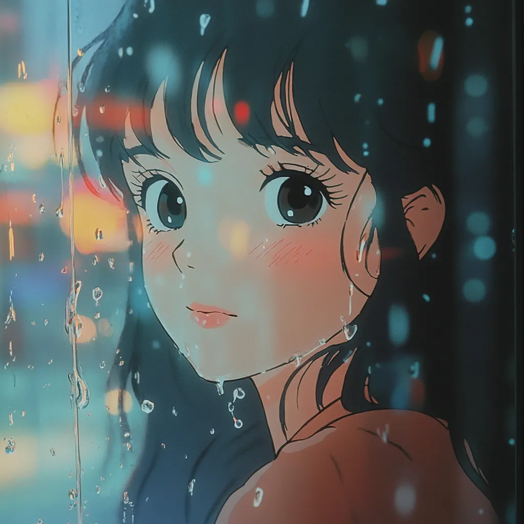 A young anime girl with dark hair and large expressive eyes is seen through a rain-streaked window.  Rainwater droplets cling to the glass, blurring the city lights reflected behind her. She wears a peach-colored top, her cheeks flushed a soft pink. The overall mood is melancholic and serene, evoking a sense of quiet contemplation. The artwork is characterized by a soft, painterly style.