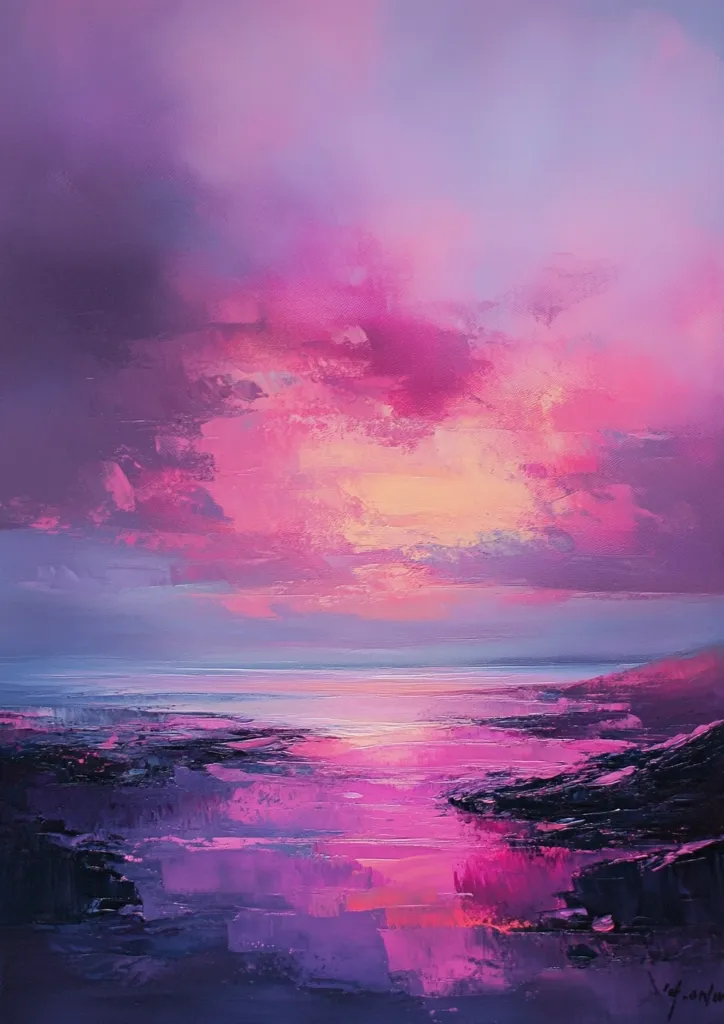 A vibrant abstract landscape painting depicts a seascape at sunset.  The sky is a dramatic blend of pinks, purples, and oranges, with thick brushstrokes suggesting clouds.  The water reflects the intense colors, meeting a dark shoreline of implied rocks.  The overall effect is a dreamy, almost surreal, representation of a coastal scene bathed in warm, saturated light.