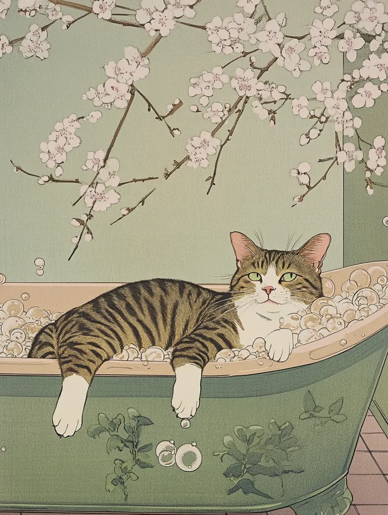 A tabby cat luxuriates in a green claw-foot bathtub filled with bubbles.  Delicate branches of blossoming cherry blossoms arch overhead, creating a serene and elegant scene. The cat, relaxed and content, rests amidst the suds, its paws dangling over the tub's edge. The artwork is in a style reminiscent of Japanese woodblock prints, with muted greens and soft floral accents.