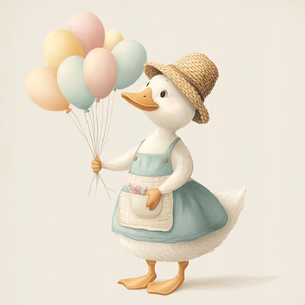 An adorable illustration of a duck wearing a straw hat and light blue overalls.  The duck holds a bunch of pastel-colored balloons. A small pocket on its apron holds a tiny bouquet of flowers. The style is whimsical and charming, perfect for children's books or greeting cards.  The background is a soft, neutral beige.