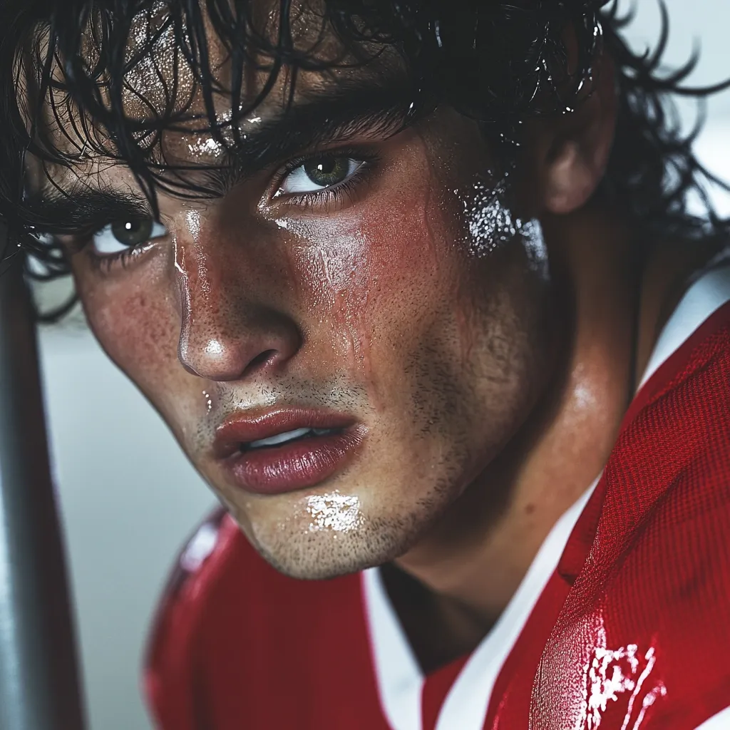 Close-up of a sweaty young man with dark, wet hair, wearing a red jersey. His face shows exertion and possibly distress, with beads of sweat on his forehead and cheeks.  The image is dramatic, focusing on his intense expression and the texture of his skin.  The lighting is moody and contrasted.