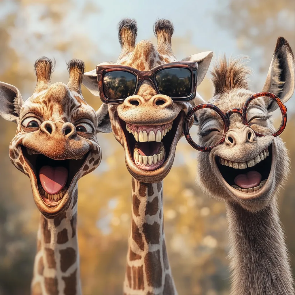 Three cartoon animals, two giraffes and a donkey, are shown in a close-up shot.  They're all grinning widely, showcasing their teeth. One giraffe sports sunglasses, while the donkey wears round spectacles. The background is a blurry autumnal landscape.  The overall image is humorous and playful.