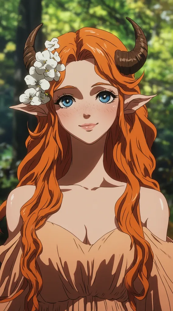 A digital illustration depicts a fair-skinned woman with long, wavy orange hair, pointed ears, and small brown horns.  She wears a peach-colored off-the-shoulder dress and a crown of white flowers adorns her head. Her blue eyes and freckled complexion contribute to a charming, whimsical aesthetic.  The background is blurred greenery, suggesting an outdoor setting. The style is reminiscent of anime or manga.